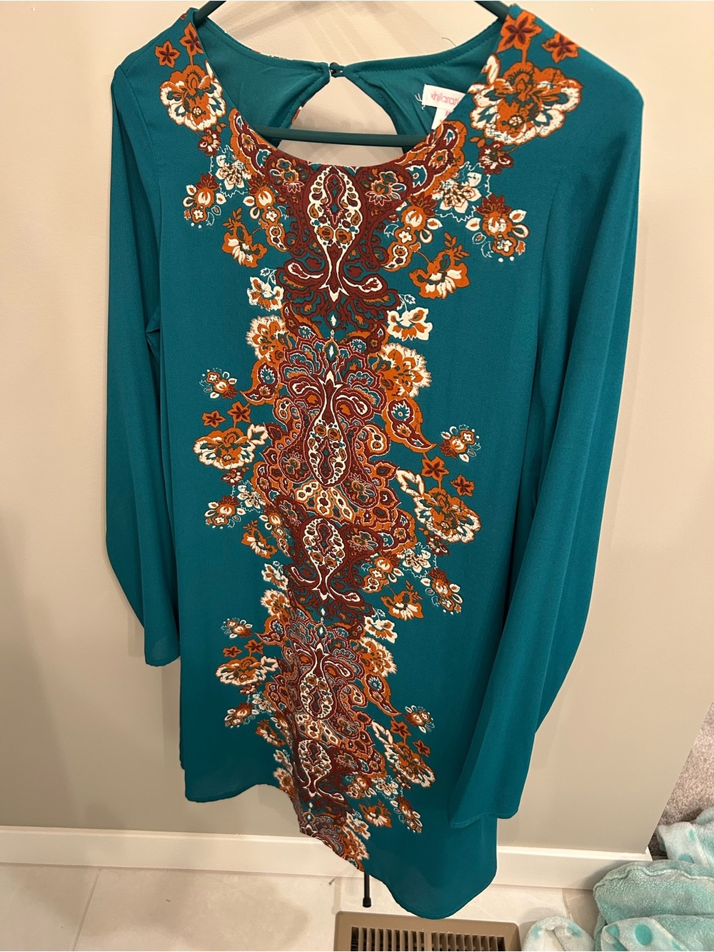 Xhilaration Teal Long-Sleeve Shift Dress with Rust and Cream Paisley Panel